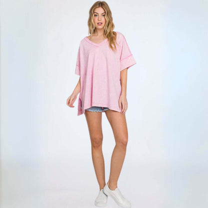 All Cotton Pink Mineral Washed V-Neck Made in USA