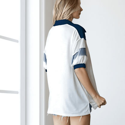 Hallie Oversized Collared Navy/White Top