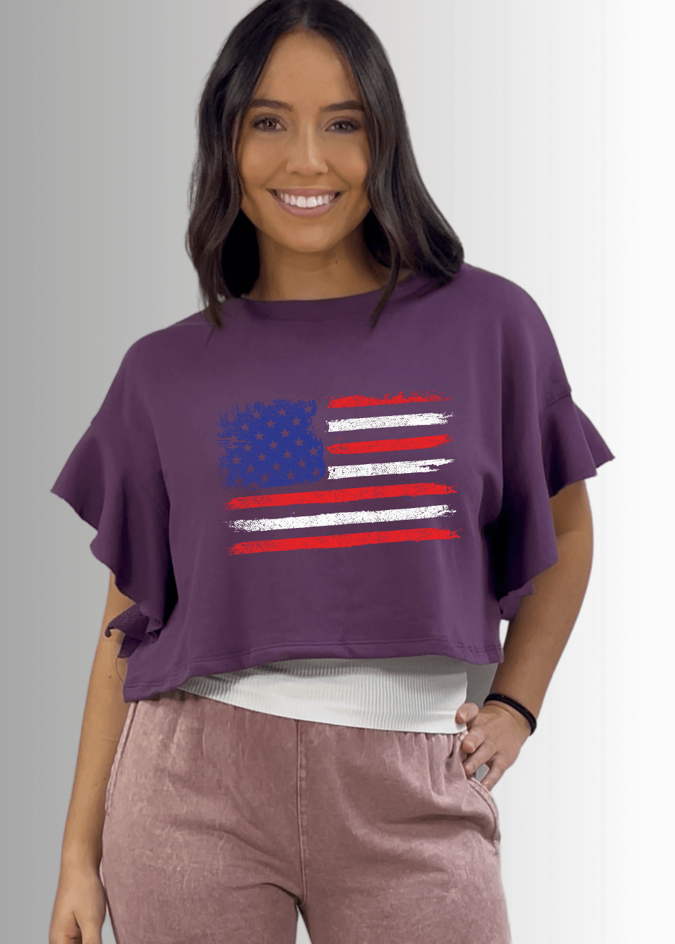 Ruffled Dolman USA Flag Graphic Cropped Top