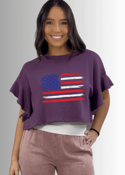 Ruffled Dolman USA Flag Graphic Cropped Top