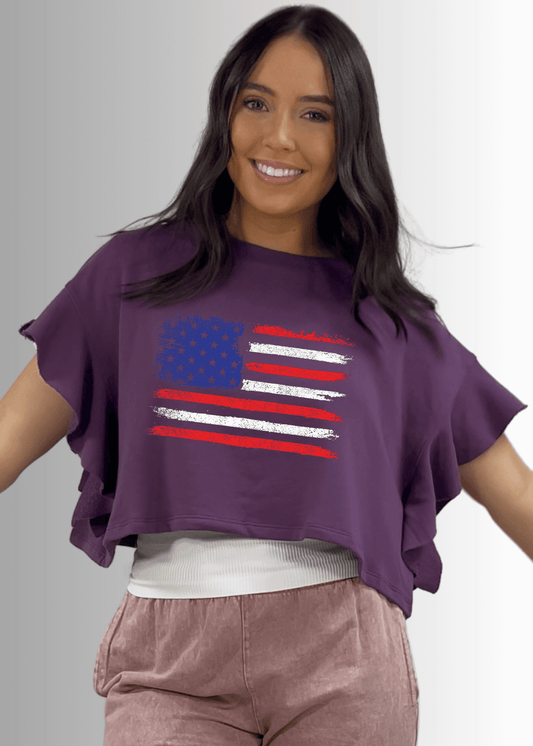 Ruffled Dolman USA Flag Graphic Cropped Top