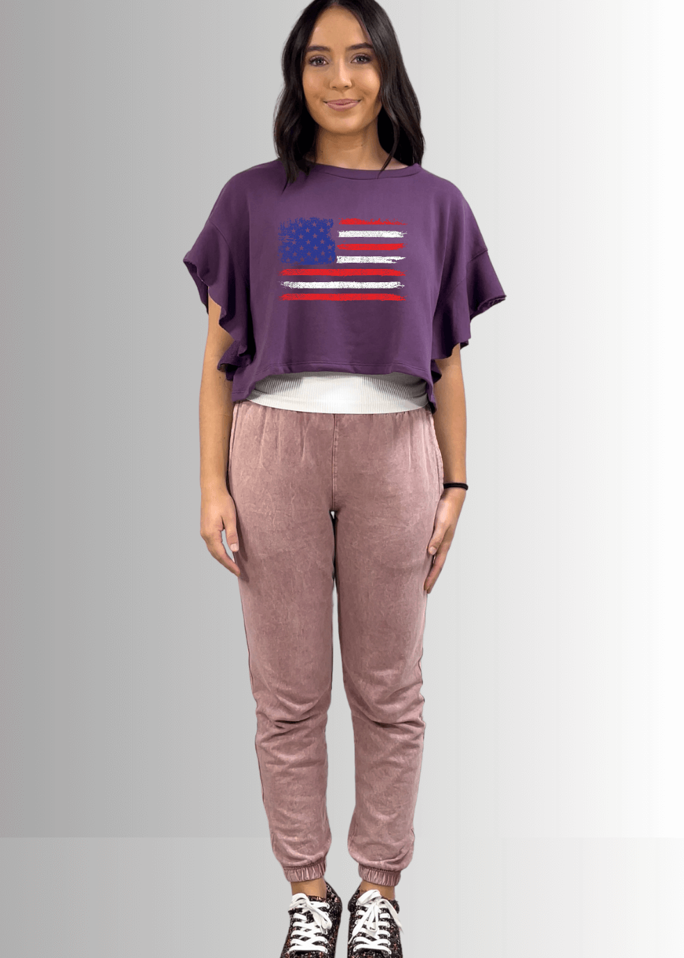 Ruffled Dolman USA Flag Graphic Cropped Top