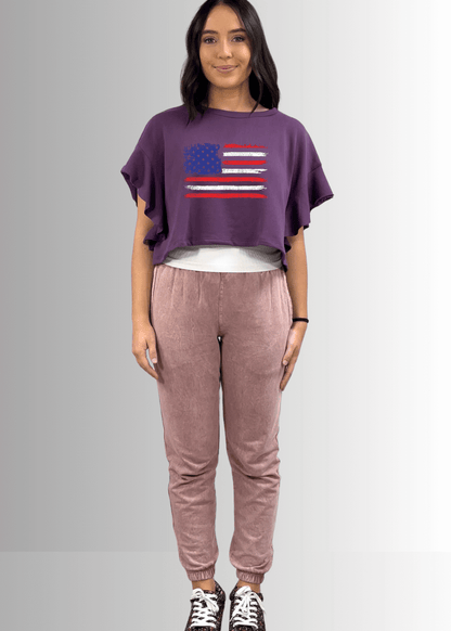 Ruffled Dolman USA Flag Graphic Cropped Top