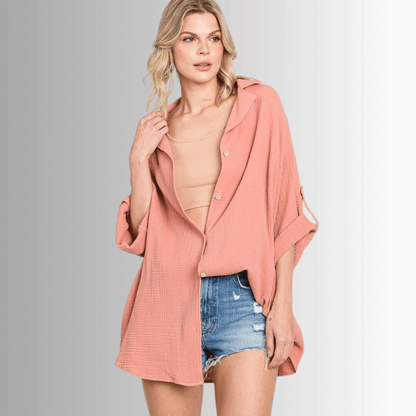 Rachel Slouchy Cotton Gauze Button Down Top