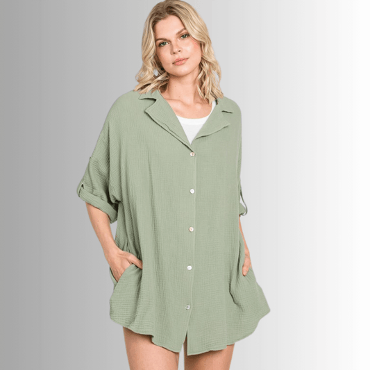 Rachel Slouchy Cotton Gauze Button Down Top