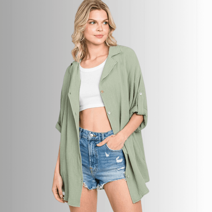 Rachel Slouchy Cotton Gauze Button Down Top