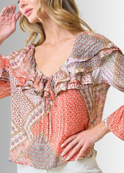 Raquel Boho Ruffled Print Top