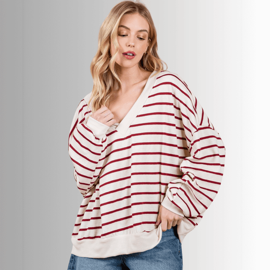 Crimson & Cream Striped Double V-Neck Top Made in USA