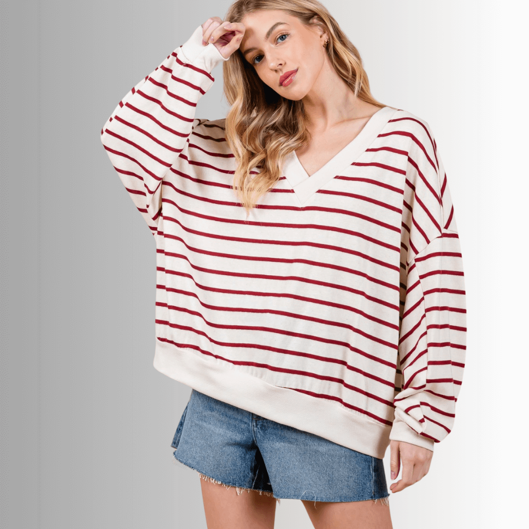 Crimson & Cream Striped Double V-Neck Top Made in USA