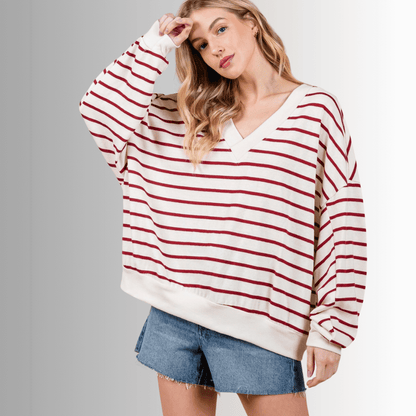 Crimson & Cream Striped Double V-Neck Top Made in USA