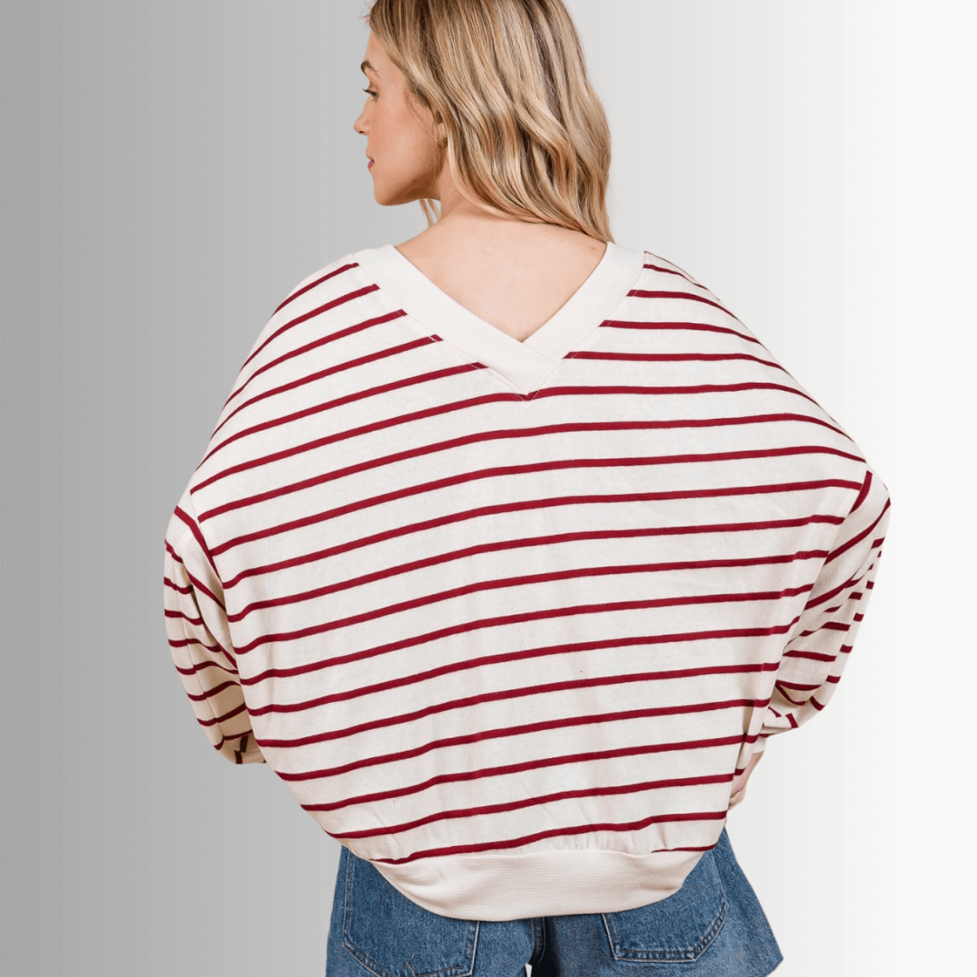 Crimson & Cream Striped Double V-Neck Top Made in USA