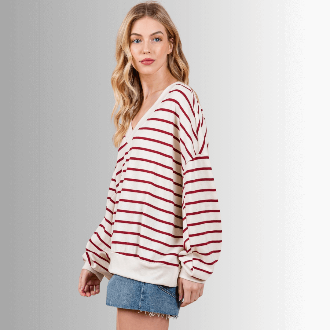 Crimson & Cream Striped Double V-Neck Top Made in USA