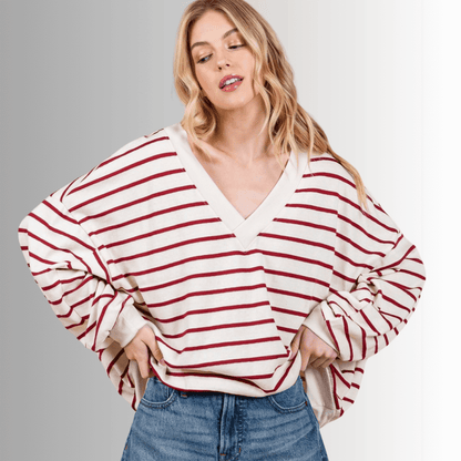 Crimson & Cream Striped Double V-Neck Top Made in USA