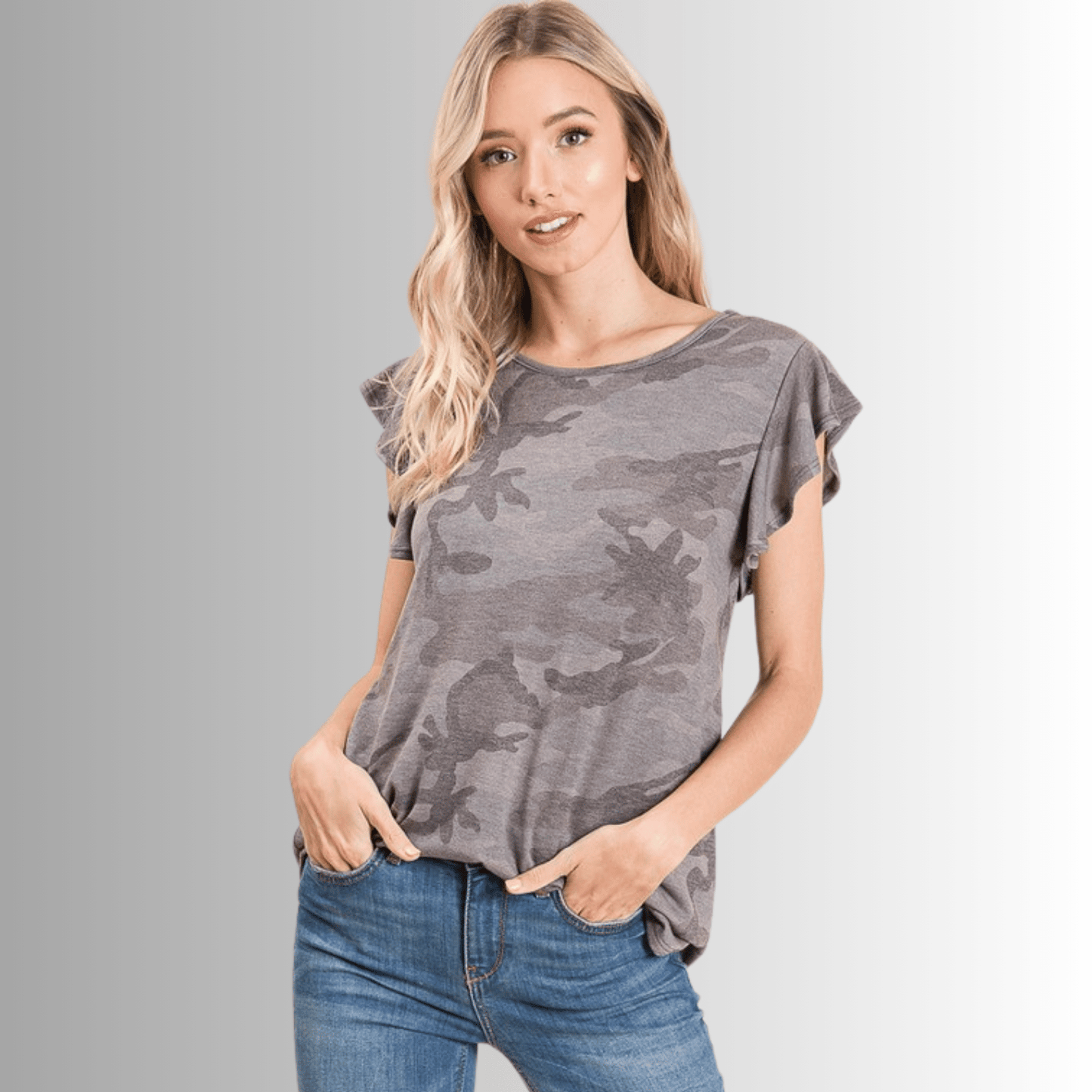Cute Grey Camo Ruffled Cap Sleeve Top