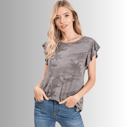 Cute Grey Camo Ruffled Cap Sleeve Top