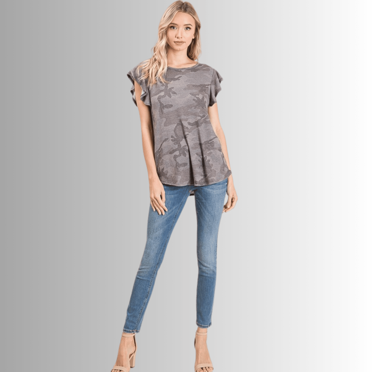Cute Grey Camo Ruffled Cap Sleeve Top