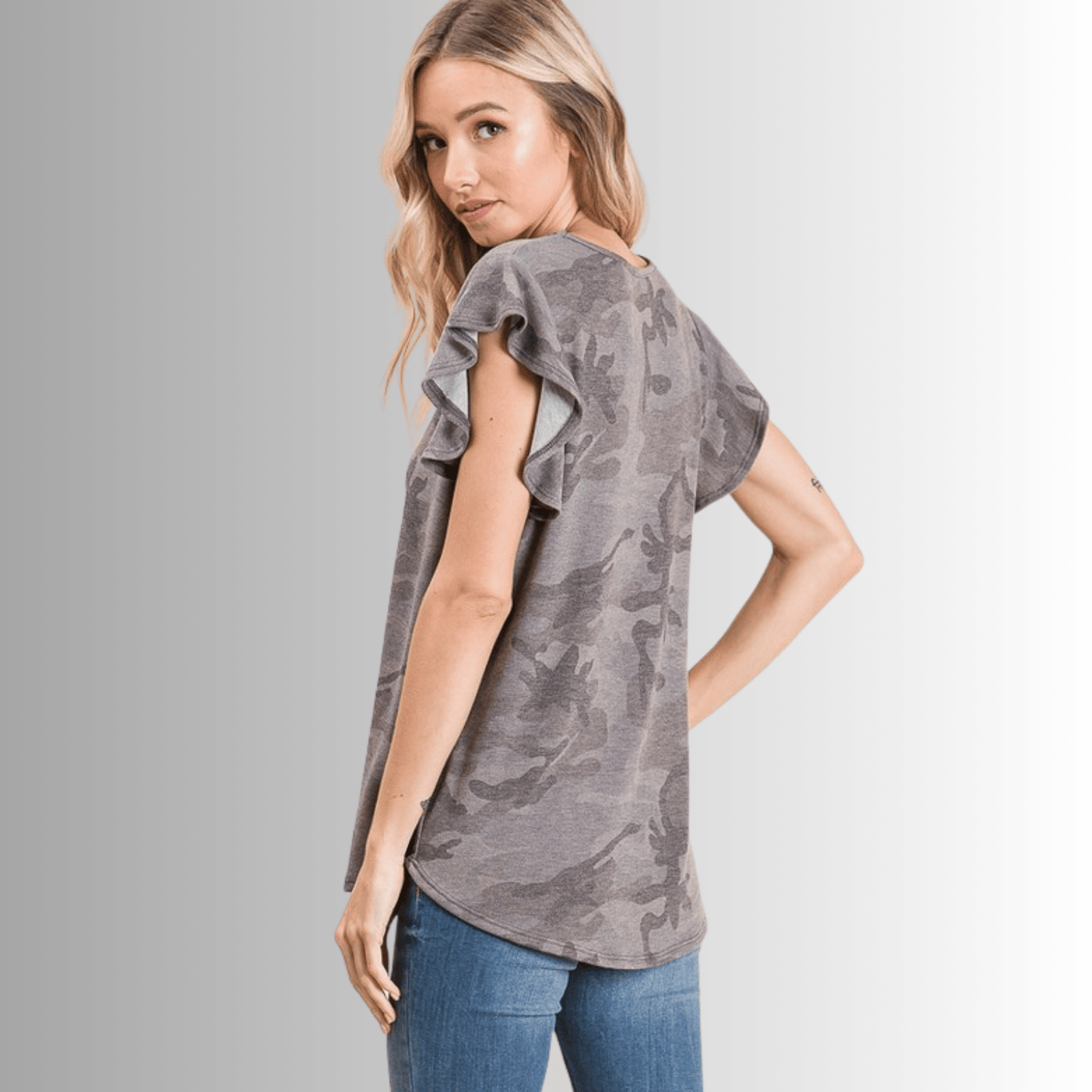Cute Grey Camo Ruffled Cap Sleeve Top