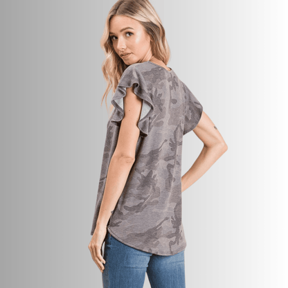 Cute Grey Camo Ruffled Cap Sleeve Top