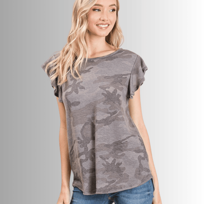 Cute Grey Camo Ruffled Cap Sleeve Top