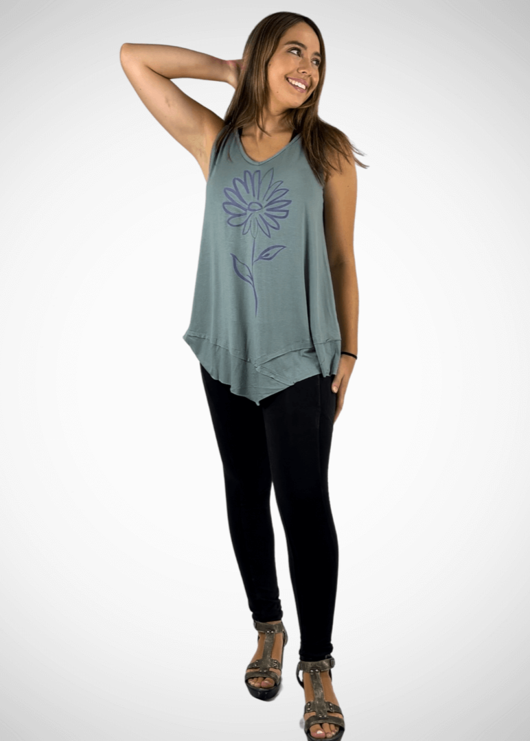 Daisy Graphic Sleeveless Tunic Light Sage Made in USA
