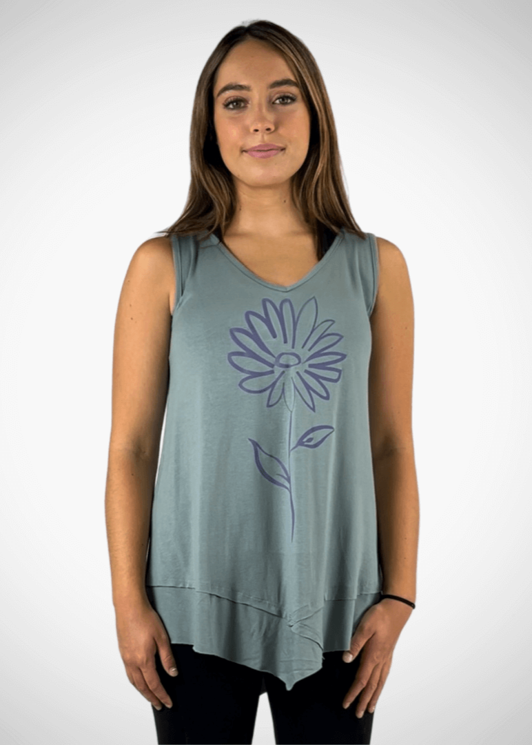 Daisy Graphic Sleeveless Tunic Light Sage Made in USA