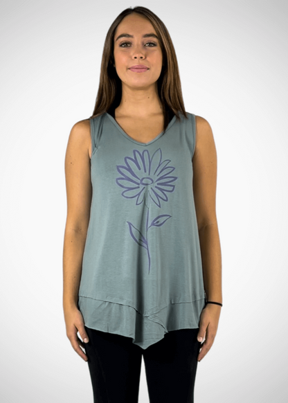 Daisy Graphic Sleeveless Tunic Light Sage Made in USA