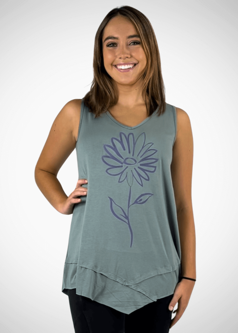 Daisy Graphic Sleeveless Tunic Light Sage Made in USA