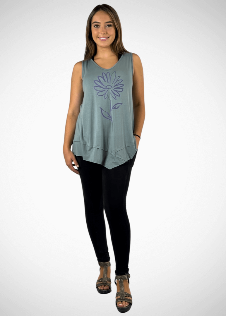 Daisy Graphic Sleeveless Tunic Light Sage Made in USA