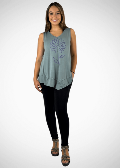 Daisy Graphic Sleeveless Tunic Light Sage Made in USA