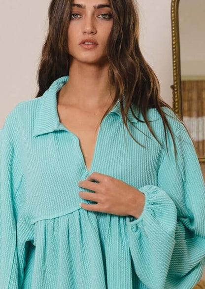 Any Time Soft Textured Bubble Sleeve Top Made in USA