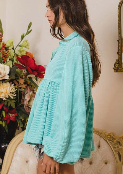 Any Time Soft Textured Bubble Sleeve Top Made in USA