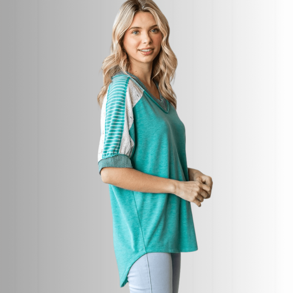 Jenna Mixed Fabric V-Neck Top