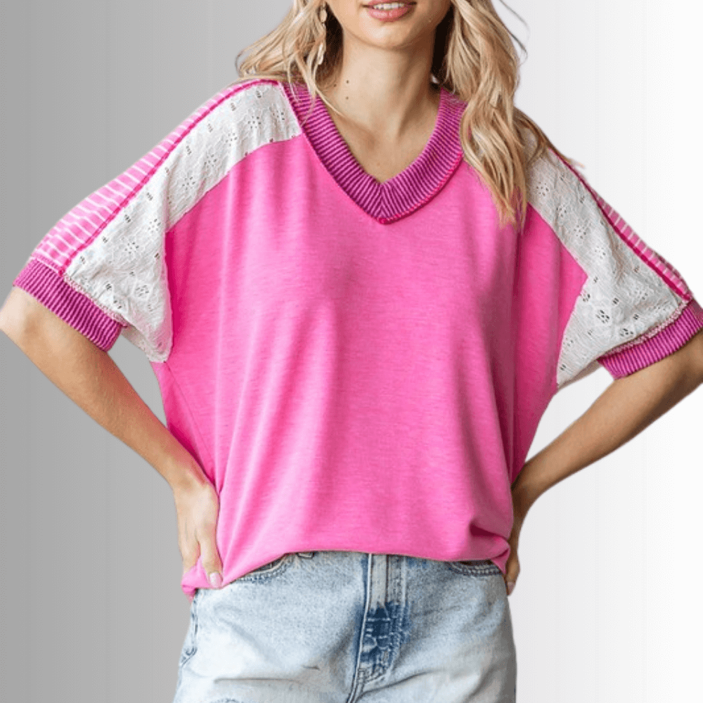 Jenna Mixed Fabric V-Neck Top