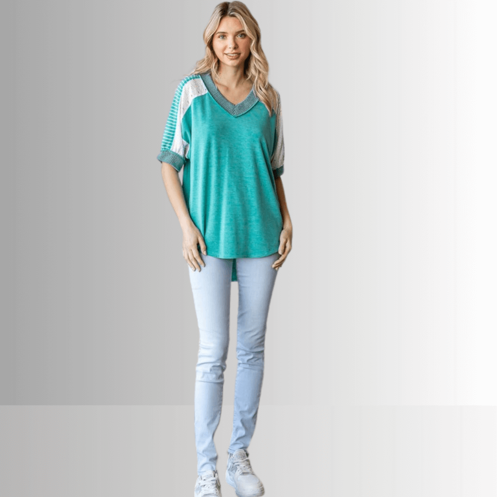 Jenna Mixed Fabric V-Neck Top