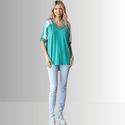 Jenna Mixed Fabric V-Neck Top