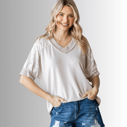 Jenna Mixed Fabric V-Neck Top