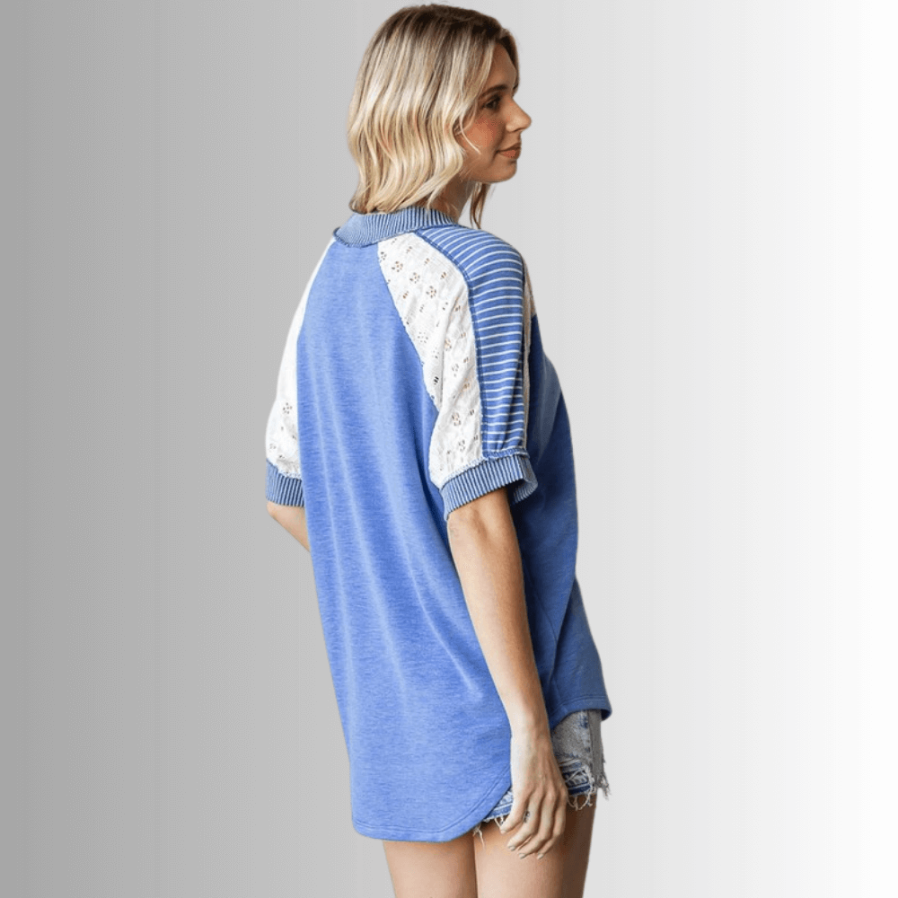 Jenna Mixed Fabric V-Neck Top