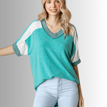 Jenna Mixed Fabric V-Neck Top