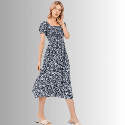 Delilah Navy Floral Smocked Midi Dress