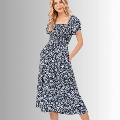 Delilah Navy Floral Smocked Midi Dress