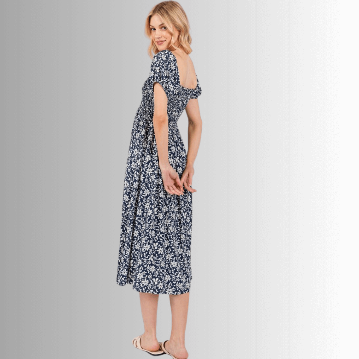 Delilah Navy Floral Smocked Midi Dress