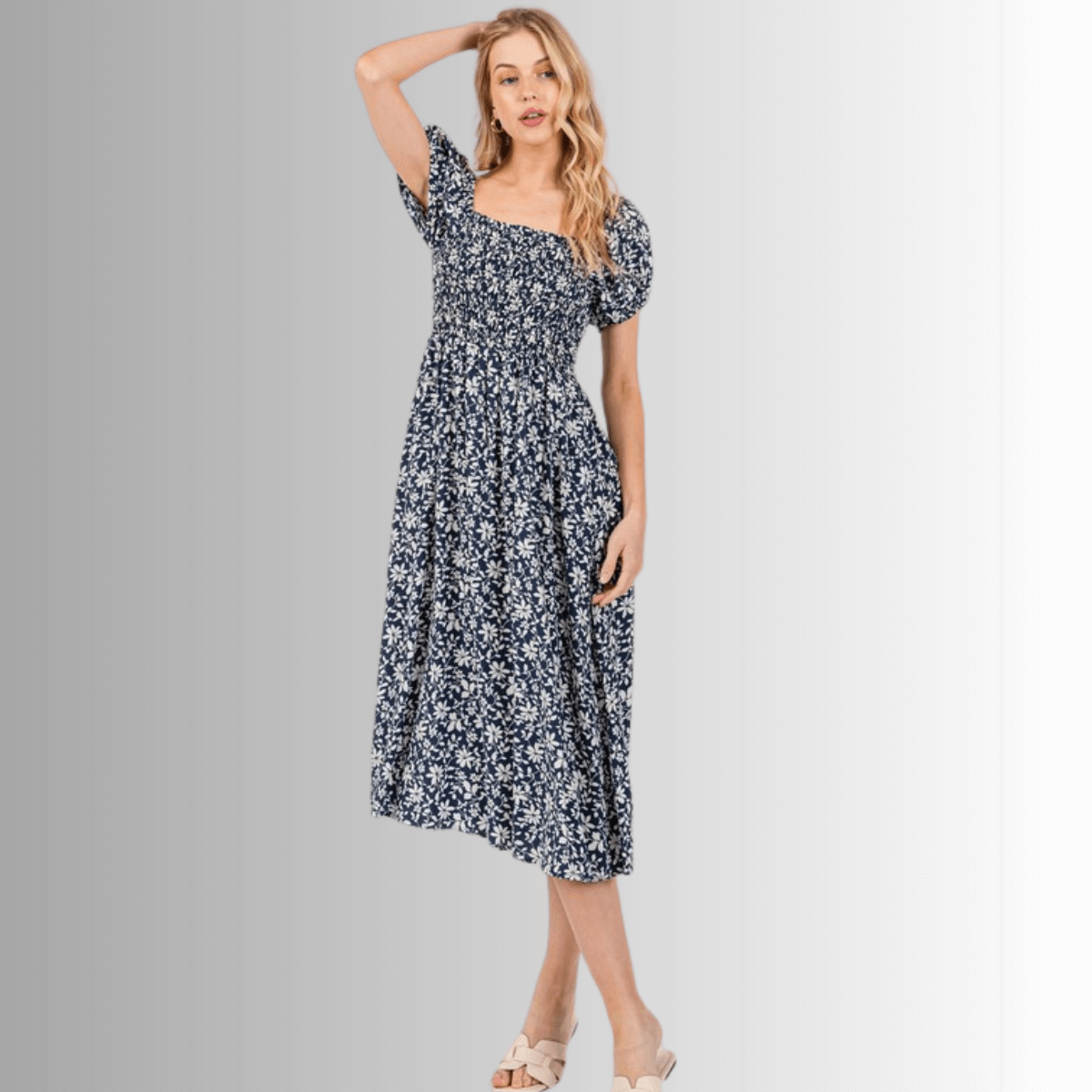 Delilah Navy Floral Smocked Midi Dress