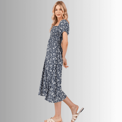 Delilah Navy Floral Smocked Midi Dress