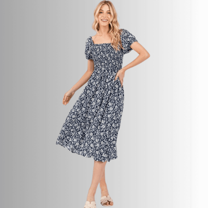 Delilah Navy Floral Smocked Midi Dress
