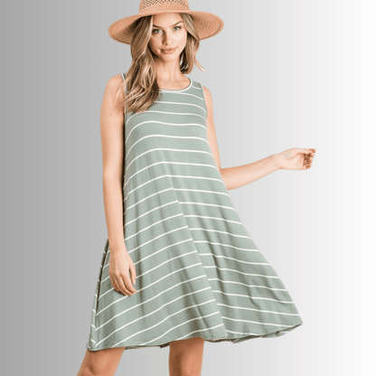 Kate Casual Striped Summer Dress in Sage