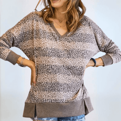 Mixed Pattern V-neck Sweater Top Plus Size Made in USA