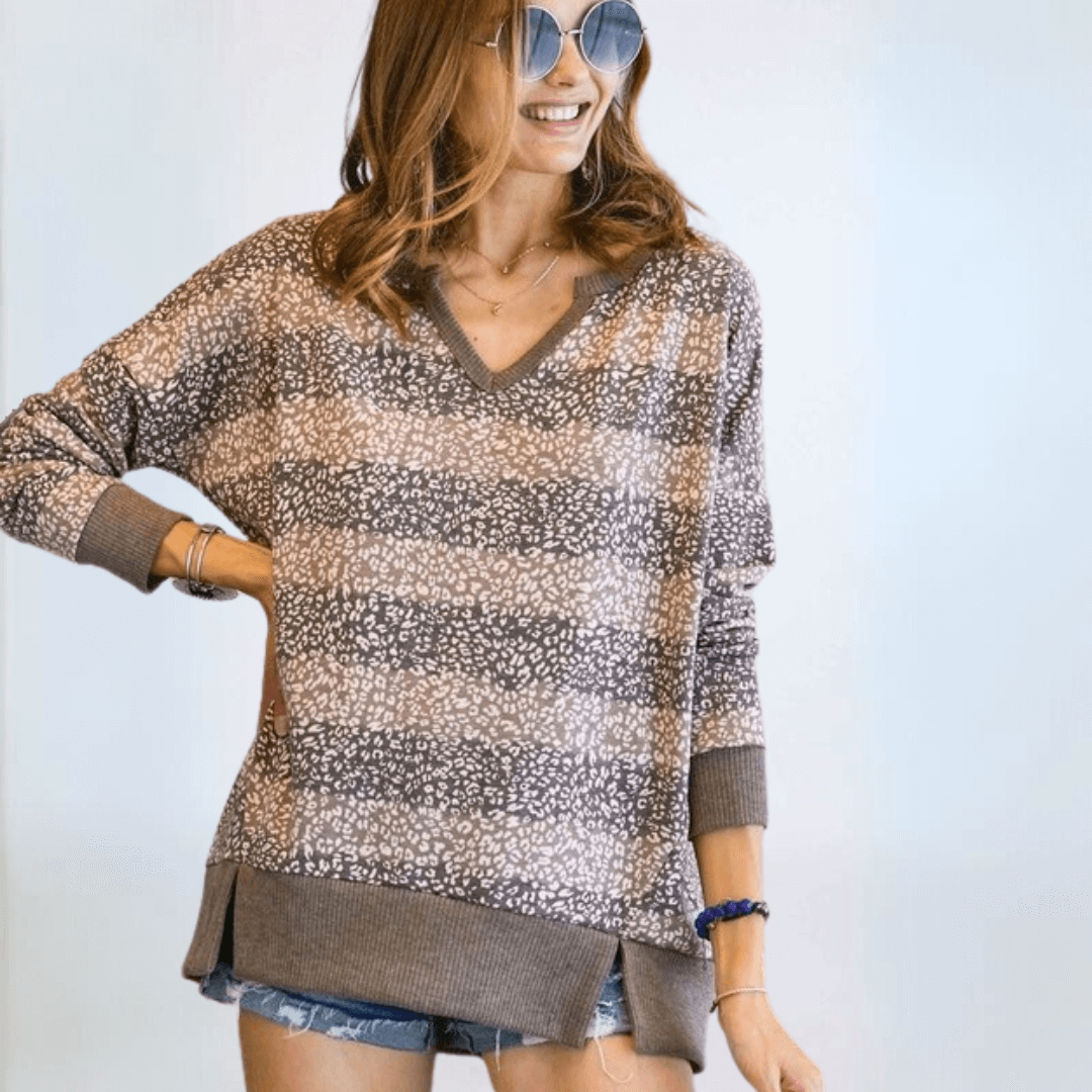 Mixed Pattern V-neck Sweater Top Plus Size Made in USA