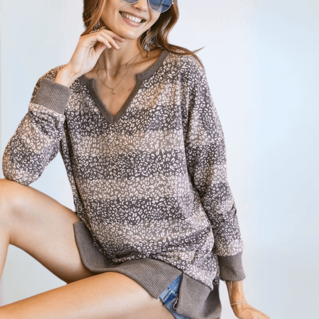 Mixed Pattern V-neck Sweater Top Plus Size Made in USA