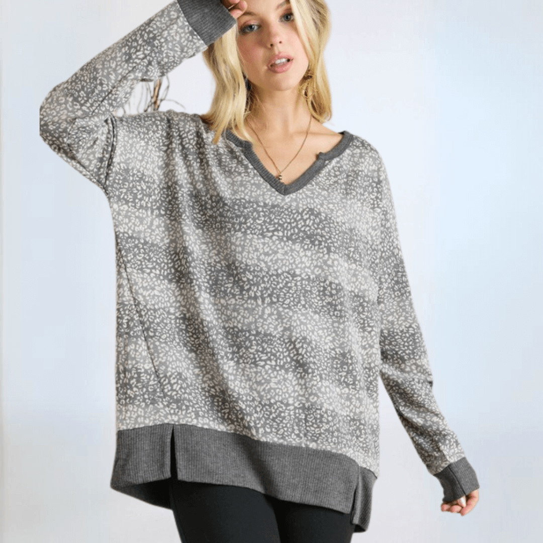 Mixed Pattern V-neck Sweater Top Plus Size Made in USA