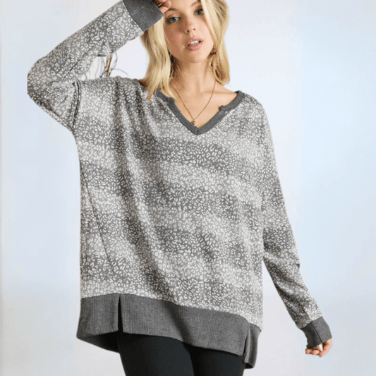 Mixed Pattern V-neck Sweater Top Plus Size Made in USA
